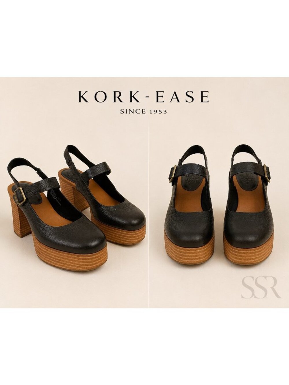 Kork-Ease Vanya Platform Heels Black Italian Leather Slingback Shoes 9M